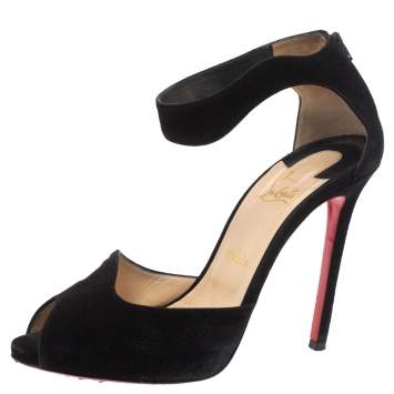 Pre Owned Christian Louboutin Black Suede Ankle Strap Peep Toe Sandals Size 40.5