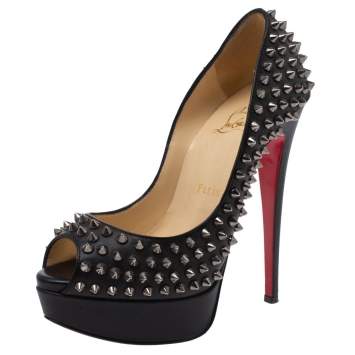 Pre Owned Christian Louboutin Black Leather Lady Peep Toe Spike Platform Pumps Size 36