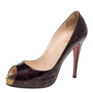 Pre Owned Christian Louboutin Dark Brown Tortoise Patent Leather Very Prive Peep Toe Pumps Size 40