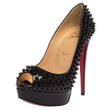 Pre Owned Christian Louboutin Black Patent Leather Lady Peep Toe Spike Platform Pumps Size 37.5