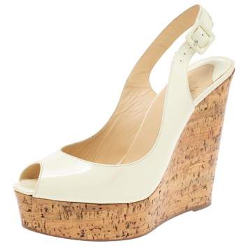 Pre Owned Christian Louboutin White Patent Leather Une Plume Cork Wedge Platform Peep Toe Slingback Sandals Size 39.5