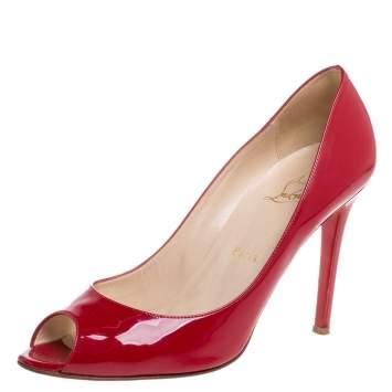 Pre Owned Christian Louboutin Red Patent Leather Flo Peep Toe Pumps Size 39