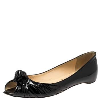 Pre Owned Christian Louboutin Black Patent Leather Turban Peep Toe Ballet Flats Size 38
