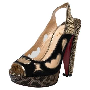 Pre Owned Christian Louboutin Black/Golden Suede, Leather And Mesh Peep Toe Slingback Platform Sandals Size 36