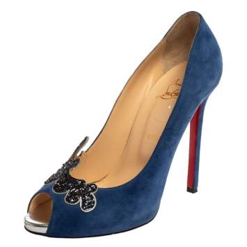 Pre Owned Christian Louboutin Blue Suede Glitter Embellished Peep Toe Pumps Size 39