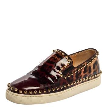 Pre Owned Christian Louboutin Leopard Print Patent Leather Pik Boat Studded Slip On Loafers Size 37