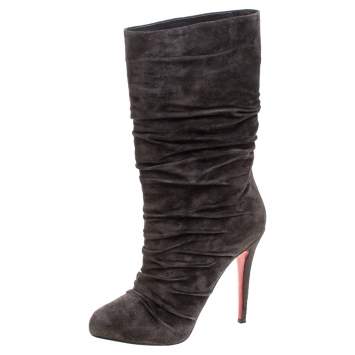 Pre Owned Christian Louboutin Dark Brown Pleated Suede Prios Mid Calf Boots Size 39.5