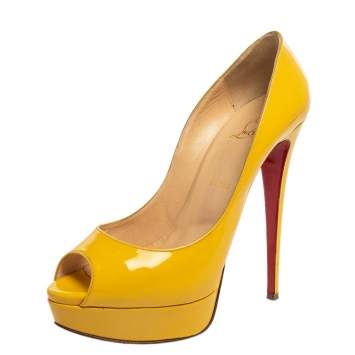 Pre Owned Christian Louboutin Yellow Patent Leather Lady Peep Toe Platform Pumps Size 40.5