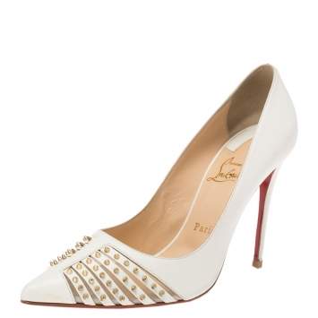 Pre Owned Christian Louboutin White Leather Bareta Spike Pointed Toe Pumps Size 38