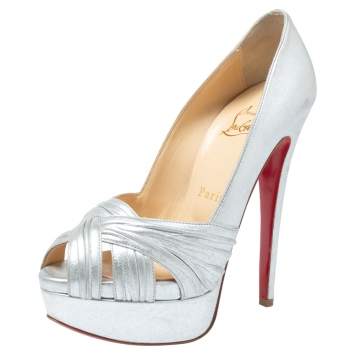 Pre Owned Christian Louboutin Silver Leather Criss Cross Peep Toe Platform Pumps Size 35.5