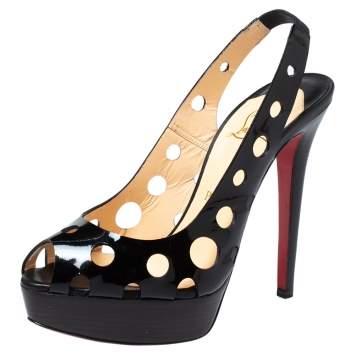 Pre Owned Christian Louboutin Black Patent Leather Ginza Platform Slingback Sandals Size 37.5
