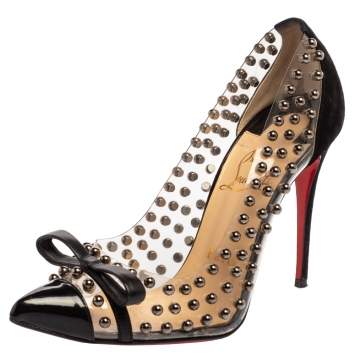 Pre Owned Christian Louboutin Black Studded PVC and Suede Bille Et Boule Bow Pointed Toe Pumps Size 37.5