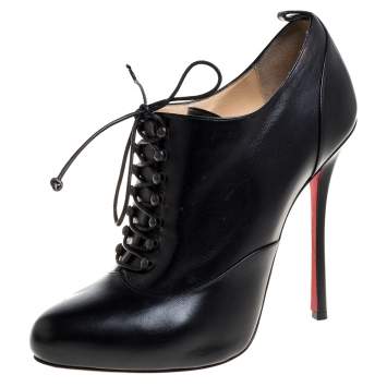 Pre Owned Christian Louboutin Black Leather Lace Up Booties 40.5