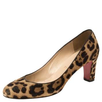 Pre Owned Christian Louboutin Brown Animal Print Calf Hair Round Toe Pumps Size 39.5