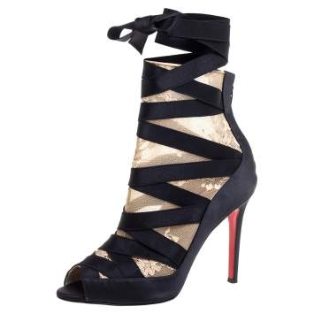 Pre Owned Christian Louboutin Black/Beige Petit Fee Ankle Boots Size 38