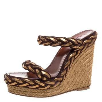 Pre Owned Christian Louboutin Two Tone Braided Leather And Suede Espadrille Wedge Platform Sandals Size 38