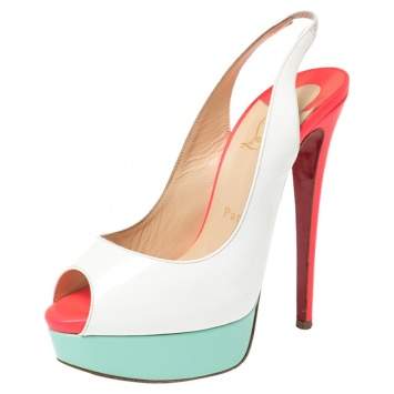 Pre Owned Christian Louboutin Colorblock Patent Leather Lady Peep Toe Slingback Sandals Size 37