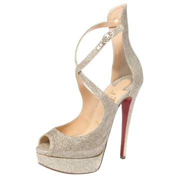 Pre Owned Christian Louboutin Gold Glittered Marlenalta Platform Sandals Size 37
