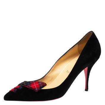 Pre Owned Christian Louboutin Black Suede and Tartan Detail Pointed Toe Pumps Size 41