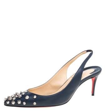 Pre Owned Christian Louboutin Denim Blue Leather Drama Spikes Sling Back Pointed Toe Pumps Size 36.5