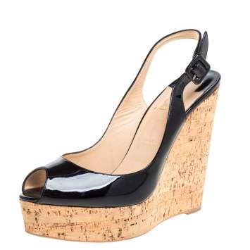 Pre Owned Christian Louboutin Black Patent Leather Une Plume Peep Toe Slingback Cork Wedges Size 41