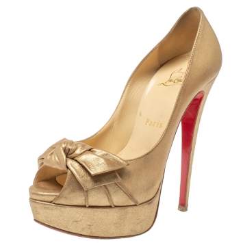 Pre Owned Christian Louboutin Gold Leather Knotted Bow Peep Toe Pumps Size 36.5