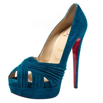 Pre Owned Christian Louboutin Turquoise Suede Aborina Platform Pumps Size 39.5