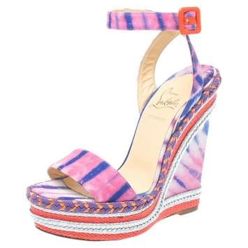 Pre Owned Christian Louboutin Multicolor Tie-Dye Fabric Duplice Woven Trim Wedge Ankle Strap Sandals Size 36
