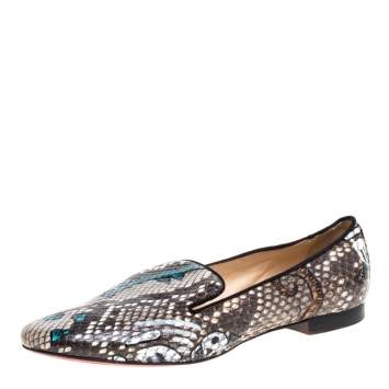 Pre Owned Christian Louboutin Brown Python Smoking Slippers Size 39.5