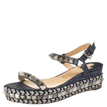 Pre Owned Christian Louboutin Light Blue Canvas Pyraclou Studded Ankle Strap Platform Sandals Size 38