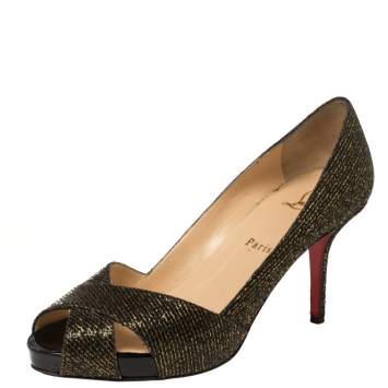 Pre Owned Christian Louboutin Black/Gold Glitter Fabric Shelley Platform Peep Toe Pumps Size 38