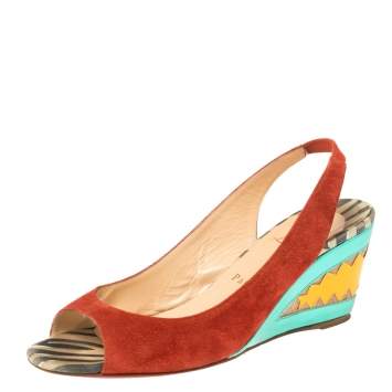 Pre Owned Christian Louboutin Red Suede Slingback Wedges Sandals Size 38
