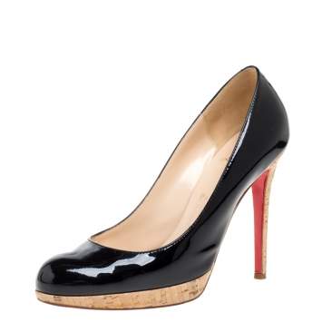 Pre Owned Christian Louboutin Black Patent Leather Bruges Cork Platform Pumps Size 38
