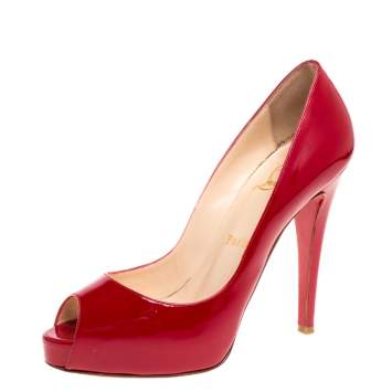 Pre Owned Christian Louboutin Red Patent Leather Hyper Prive Peep Toe Platform Pumps Size 37.5