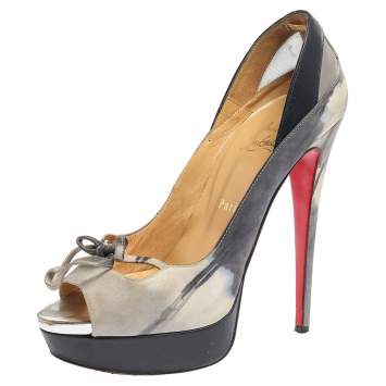 Pre Owned Christian Louboutin Grey/Blue Leather, Suede And Mesh Bow Peep Toe Pumps Size 40