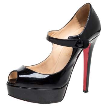 Pre Owned Christian Louboutin Black Patent Leather Zeppa Peep Toe Mary Jane Pumps Size 36.5