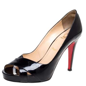 Pre Owned Christian Louboutin Black Patent Leather Criss Cross Peep Toe Pumps Size 38