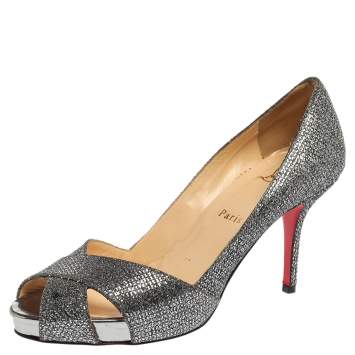Pre Owned Christian Louboutin Silver Glitter Criss Cross Platform Pumps Size 38