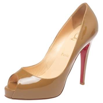 Pre Owned Christian Louboutin Beige Patent Leather Very Prive Peep Toe Pumps Size 38