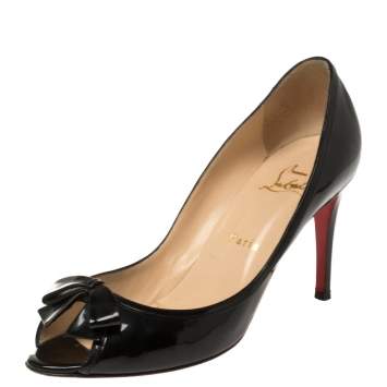 Pre Owned Christian Louboutin Black Patent Leather Milady Bow Open Toe Pumps Size 38