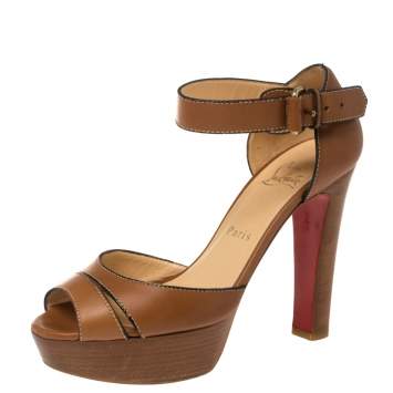Pre Owned Christian Louboutin Brown Leather Ankle Strap Platform Sandals Size 38