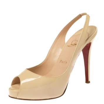 Pre Owned Christian Louboutin Cream White Patent Leather Private Number Peep Toe Slingback Sandals Size 38