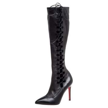 Pre Owned Christian Louboutin Black Leather Goulue High Boots Size 37