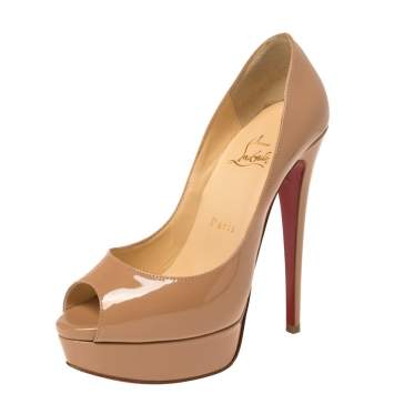 Pre Owned Christian Louboutin Beige Patent Leather Lady Peep Toe Platform Pumps Size 36.5