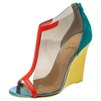 Pre Owned Christian Louboutin Multicolor PVC, Suede and Leather Trim Wedge Peep Toe Booties Size 39