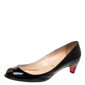 Pre Owned Christian Louboutin Black Patent Leather Kitten Heel Peep Toe Pumps Size 40