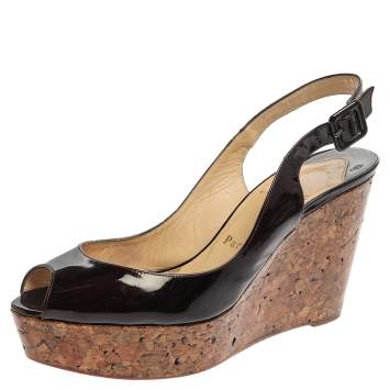 Pre Owned Christian Louboutin Burgundy Patent Leather Une Plume Cork Wedge Platform Slingback Sandals Size 38.5