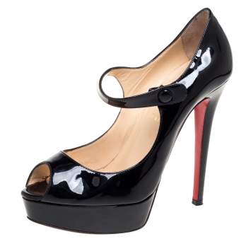 Pre Owned Christian Louboutin Black Patent Leather Zeppa Peep Toe Mary Jane Pumps Size 38.5