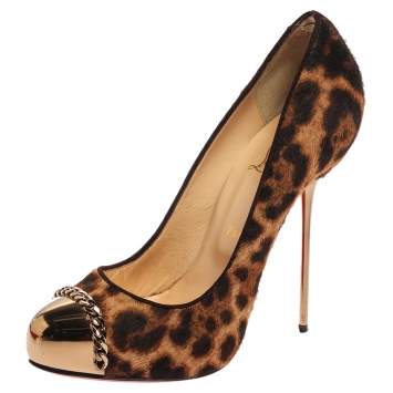 Pre Owned Christian Louboutin Brown/Black Leopard Print Pony Hair Chain Embellished Cap Toe Pumps Size 39