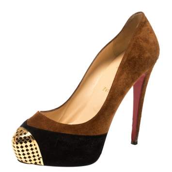 Pre Owned Christian Louboutin Brown/Black Suede Leather Maggie Embellished Cap Toe Platform Pumps Size 39.5